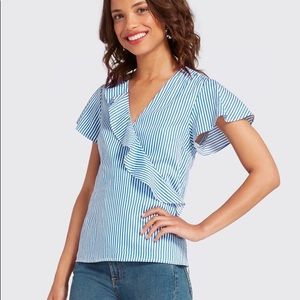 Draper James Blue Stripe Ruffle Faux Wrap Blouse